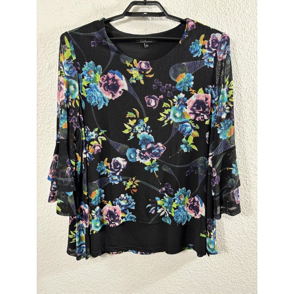 Calessa Blouse Womens 2X Black Floral Ruffle Bell Sleeve Tunic Top‎ Plus